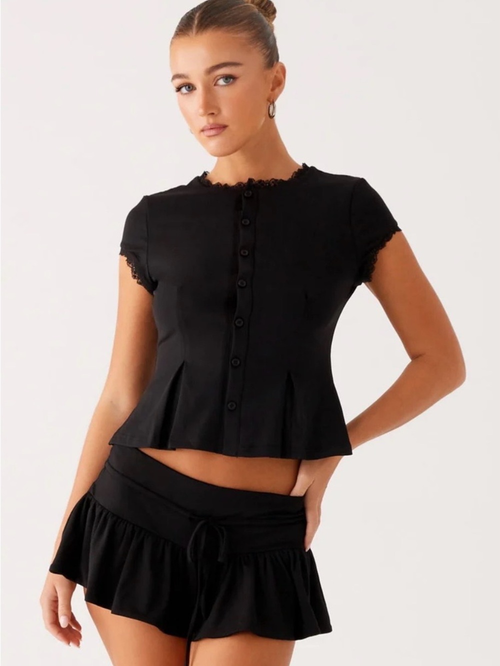 Peppermayo Black Button-Front Peplum Top with Lace Trim